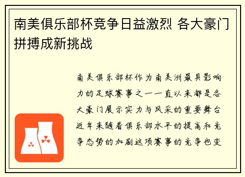 南美俱乐部杯竞争日益激烈 各大豪门拼搏成新挑战