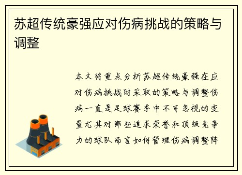 苏超传统豪强应对伤病挑战的策略与调整