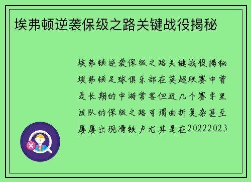 埃弗顿逆袭保级之路关键战役揭秘